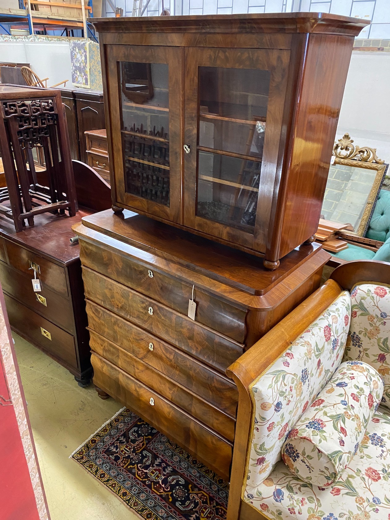 A 19th century French mahogany cabinet on chest, width 98cm, depth 51cm, height 176cm